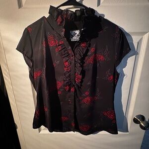 Killstar Black and Red Floral Pentagram Ruffle Top